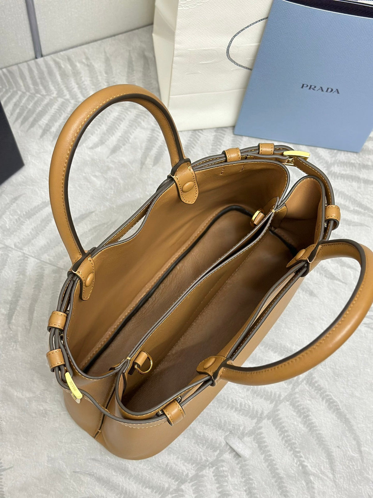 PRADA 25S BUCKLE MEDIUM HANDBAG 28 IN CARAMEL CALFSKIN GOLD HARDWRE