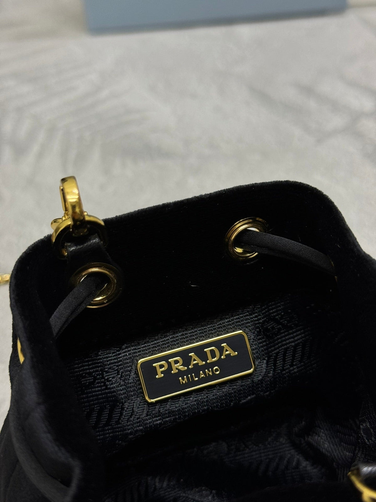 PRADA 25S MINI POUCH 12 IN BLACK VELVET GOLD HARDWARE