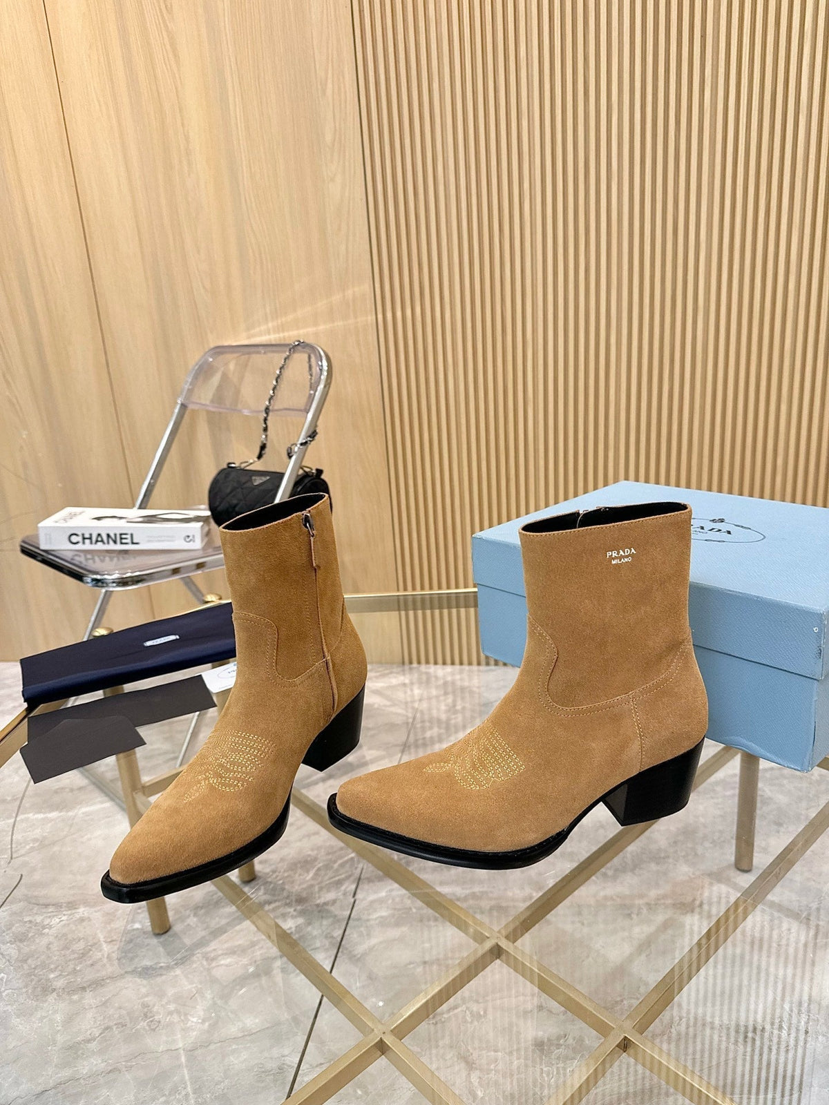 PRADA ANKLE BOOTS IN TAN BROWN SUEDE