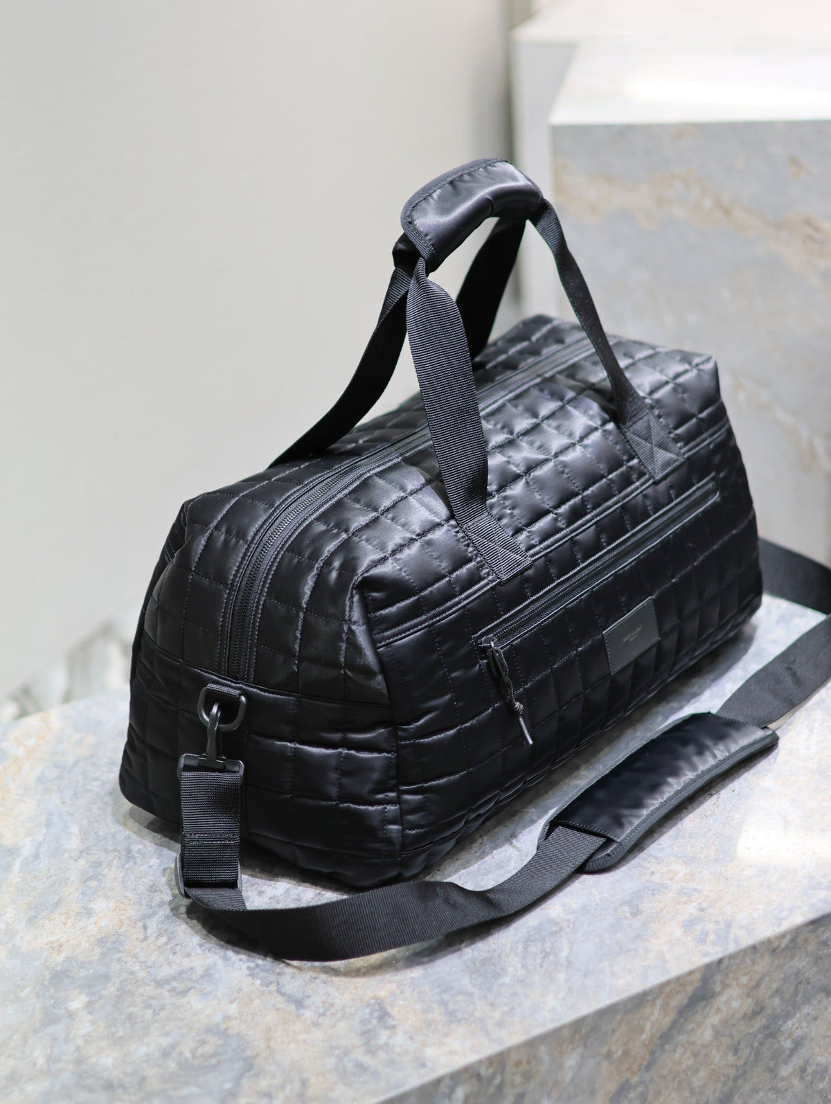 SAINT LAURENT TRAVEL TOTE BAG 50 IN BLACK PLAID NYLON