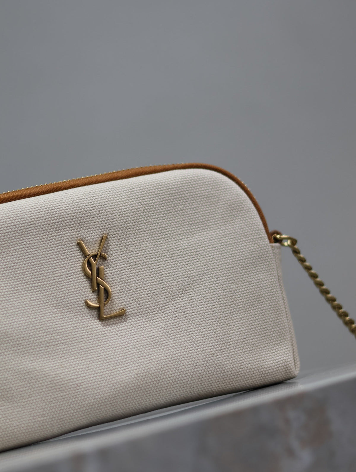 SAINT LAURENT GABY ZIPPED POUCH 19 IN WHITE MIX BROWN COTTON GOLD HARDWARE