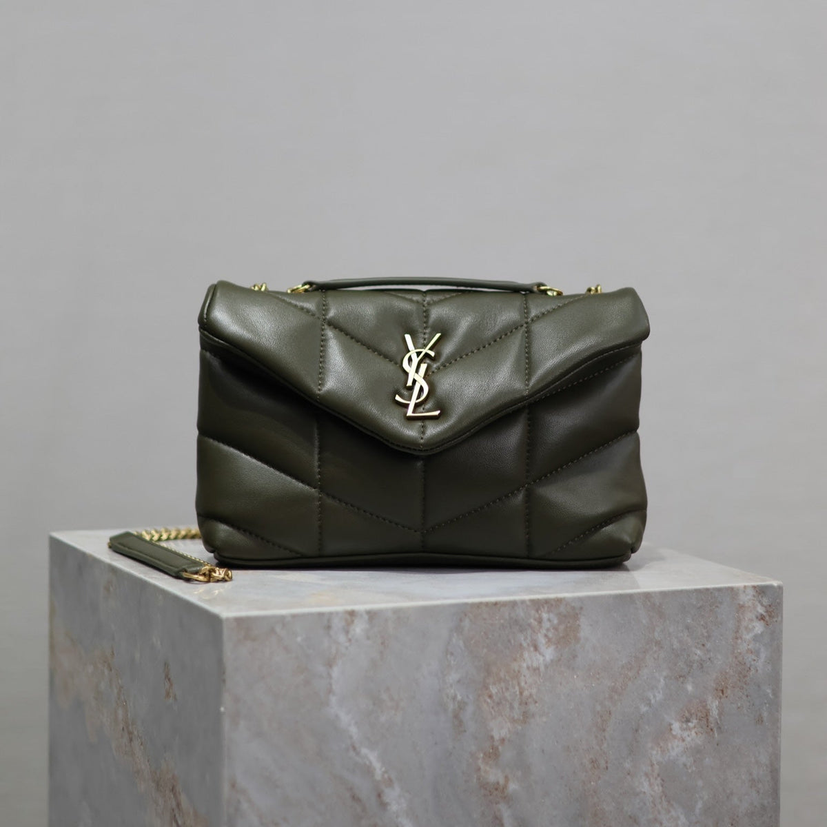 SAINT LAURENT YSL 25S LOULOU PUFFER MINI 23 IN DARK OLIVE CALFSKIN GOLD HARDWARE
