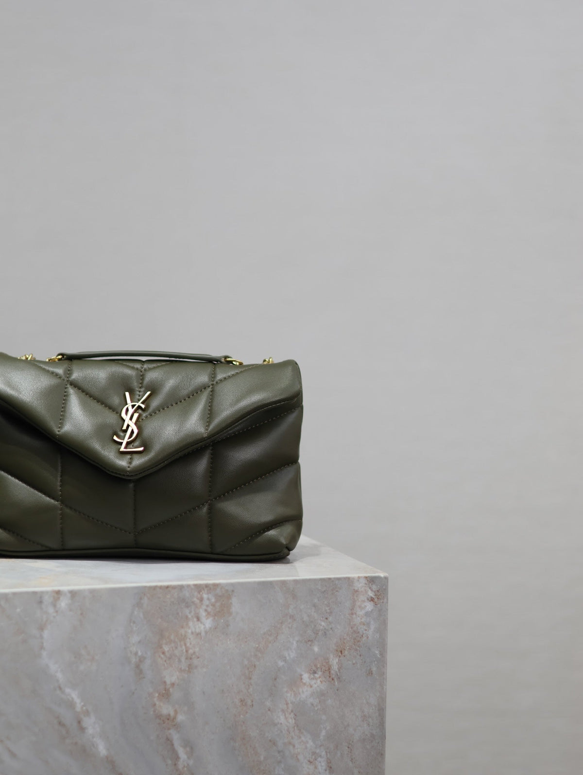 SAINT LAURENT YSL 25S LOULOU PUFFER MINI 23 IN DARK OLIVE CALFSKIN GOLD HARDWARE