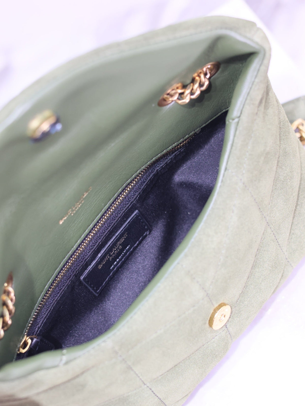 SAINT LAURENT PUFFER TOY 23 IN PICKLE GREEN SUEDE GOLD HARDWARE
