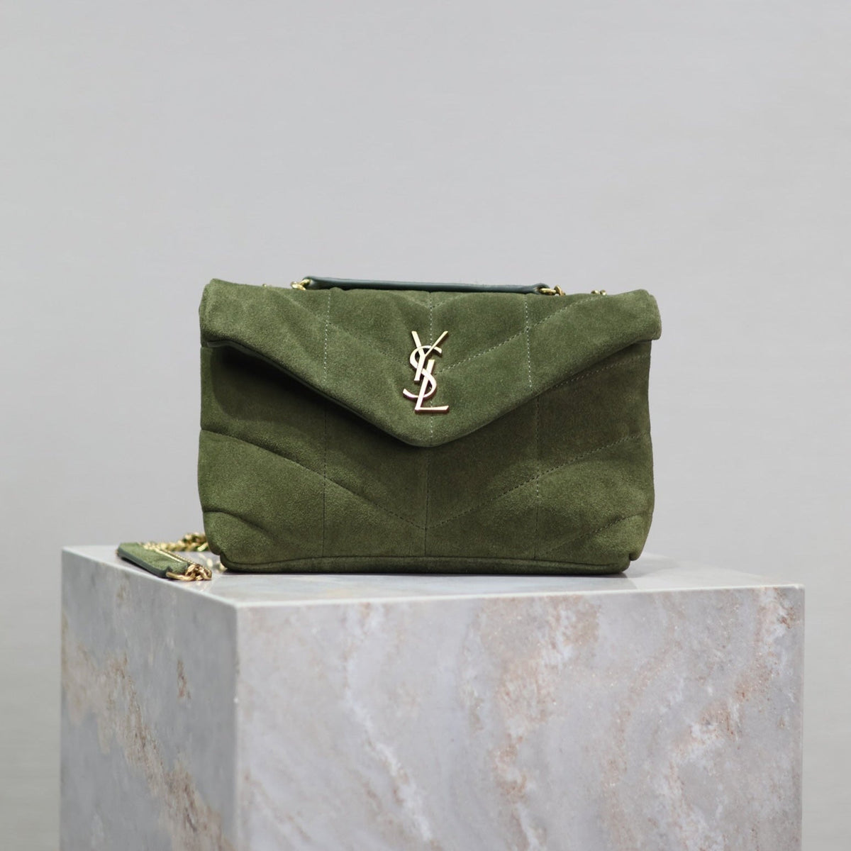 SAINT LAURENT YSL 25S LOULOU PUFFER MINI 23 IN GREEN SUEDE GOLD HARDWRE