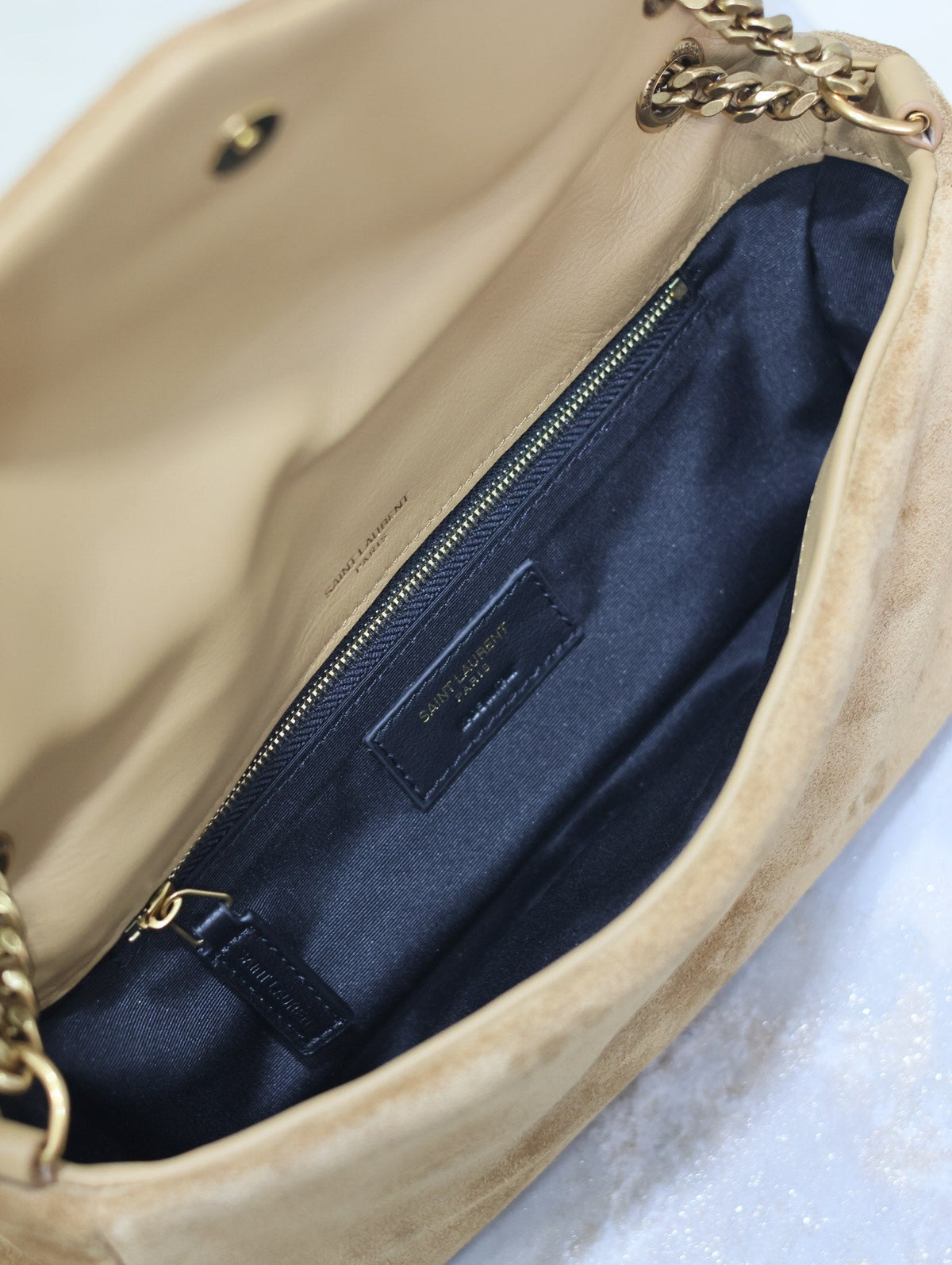 SAINT LAURENT CALYPSO BAG 26 IN CIDER BROWN SUEDE GOLD HARDWARE