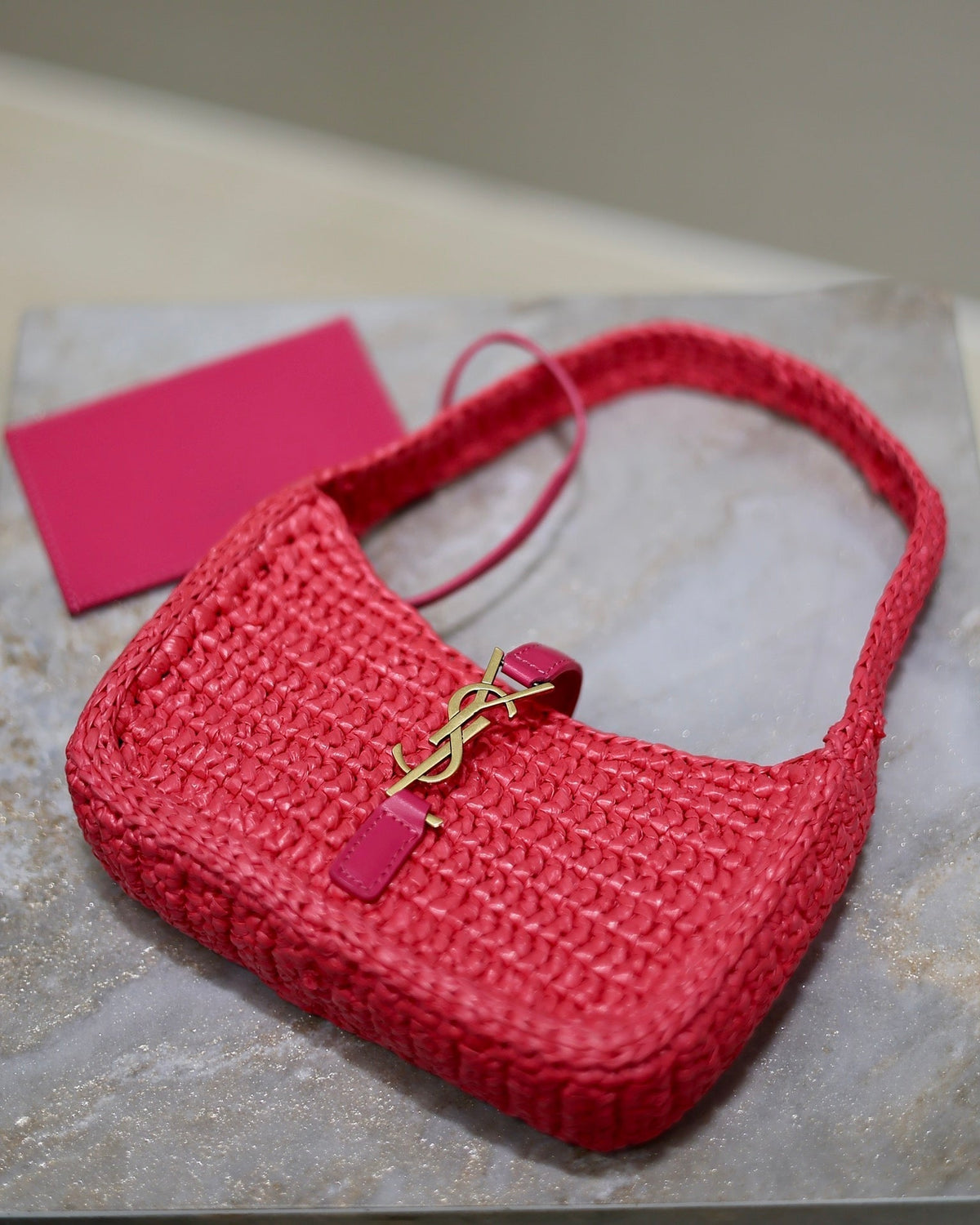 SAINT LAURENT LE 5 À 7 BAG 19 IN MAGENTA PINK WOVEN RAFFIA