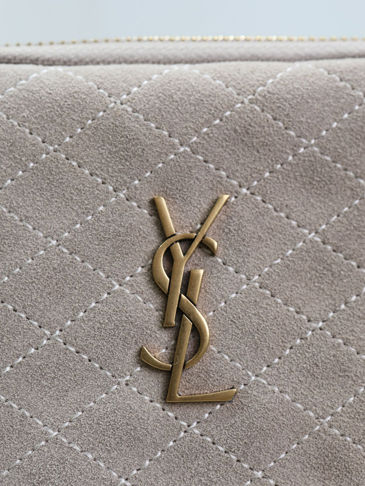 SAINT LAURENT GABY ZIPPED POUCH 19 IN GRAY MATTE SUEDE GOLD HARDWARE