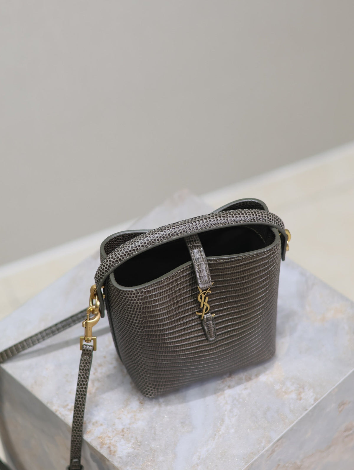 SAINT LAURENT YSL 25S LE 37 MINI 15 IN BROWN LIZARD PATTERN CALFSKIN GOLD HARDWARE