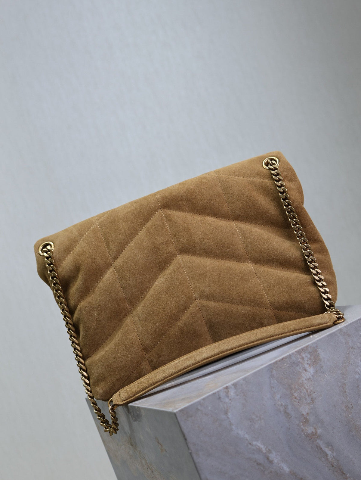 SAINT LAURENT YSL 25S LOULOU PUFFER GM 35 IN TAN BROWN SUEDE GOLD HARDWARE