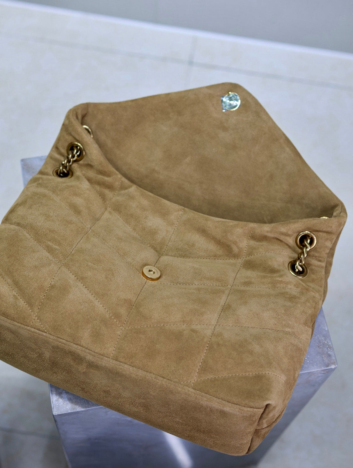 SAINT LAURENT YSL 25S LOULOU PUFFER GM 35 IN TAN BROWN SUEDE GOLD HARDWARE