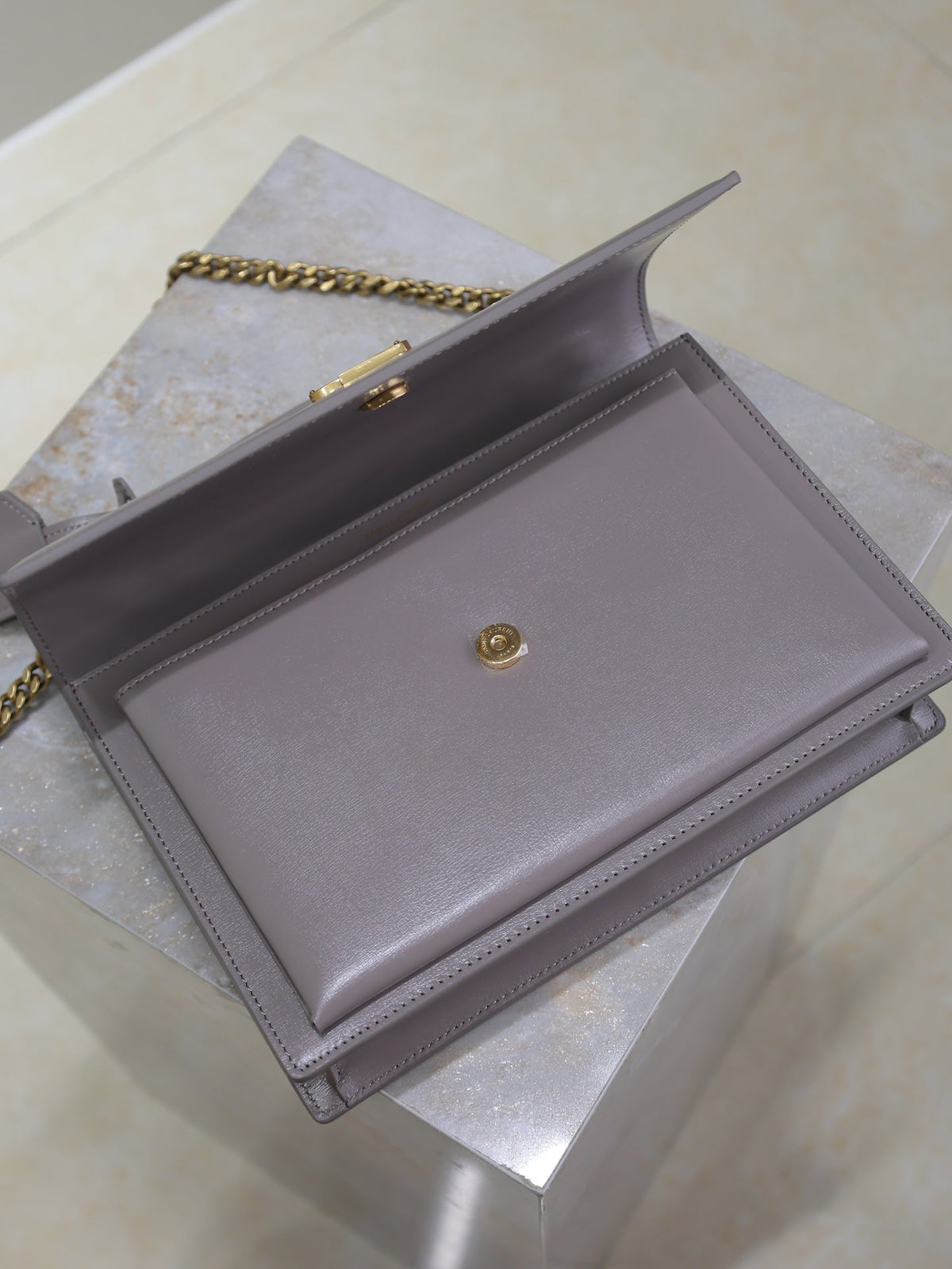 SAINT LAURENT YSL 25S SUNSET MM 25 IN GRAYISH PURPLE CALFSKIN GOLD HARDWRE
