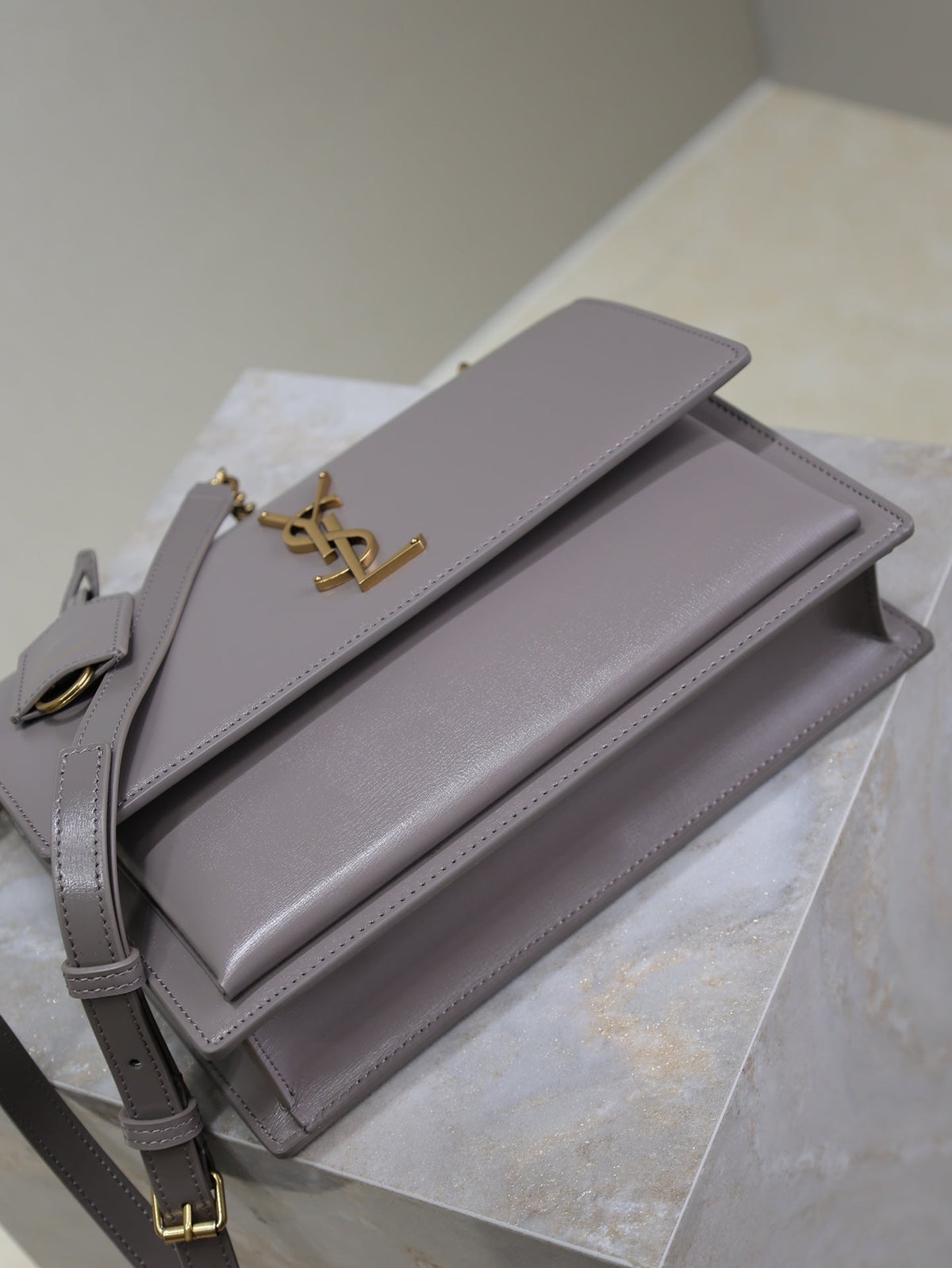 SAINT LAURENT YSL 25S SUNSET MM 25 IN GRAYISH PURPLE CALFSKIN GOLD HARDWRE