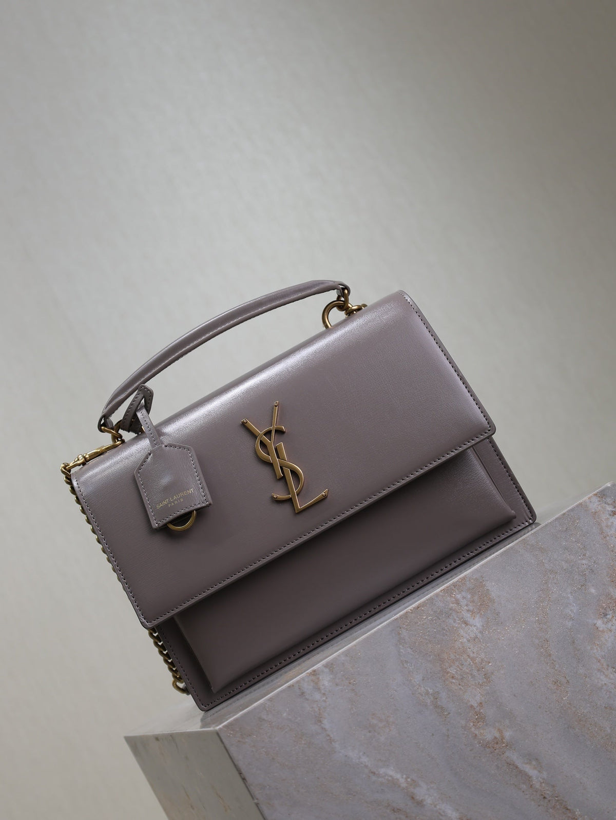 SAINT LAURENT YSL 25S SUNSET MM 25 IN GRAYISH PURPLE CALFSKIN GOLD HARDWRE