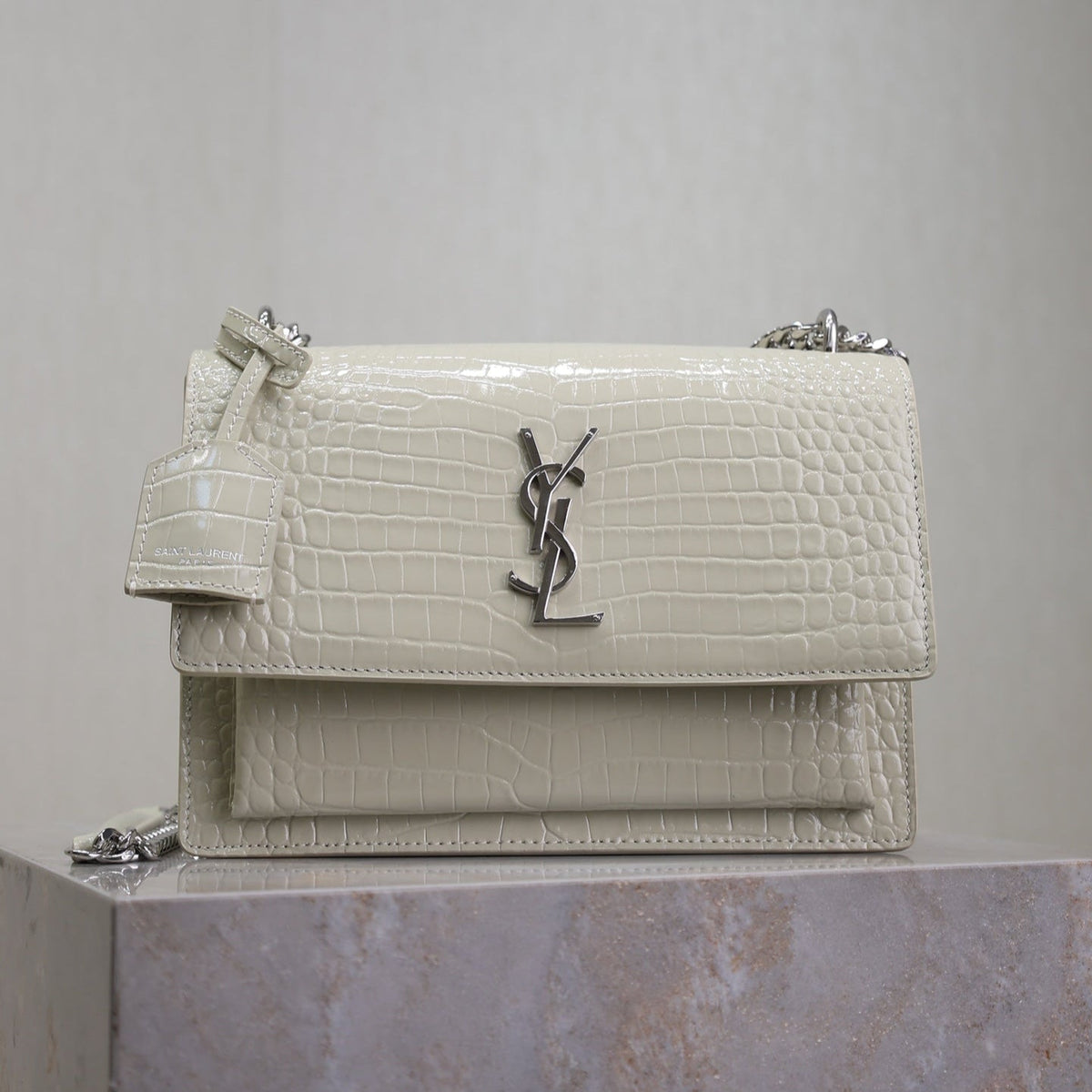 SAINT LAURENT YSL 25S SUNSET MEDIUM 22 IN IVORY CROCODILE-EMBOSSED SHINY CALFSKIN SILVER HARDWRE
