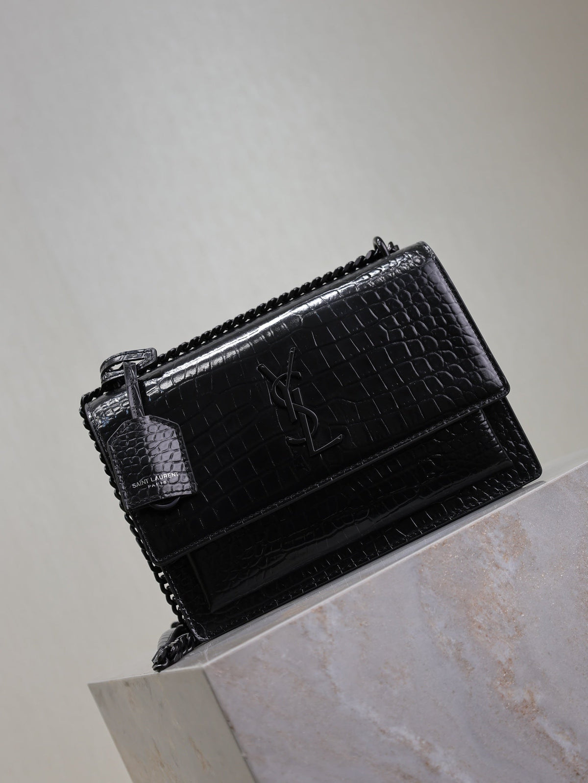 SAINT LAURENT YSL 25S SUNSET MEDIUM 22 IN BLACK CROCODILE-EMBOSSED SHINY CALFSKIN BLACK HARDWRE