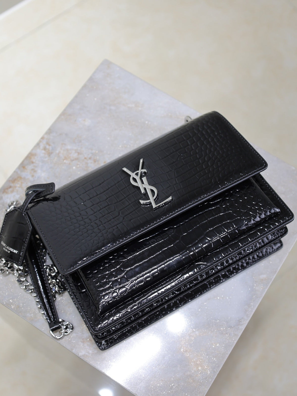 SAINT LAURENT YSL 25S SUNSET MEDIUM 22 IN BLACK CROCODILE-EMBOSSED SHINY CALFSKIN SILVER HARDWRE