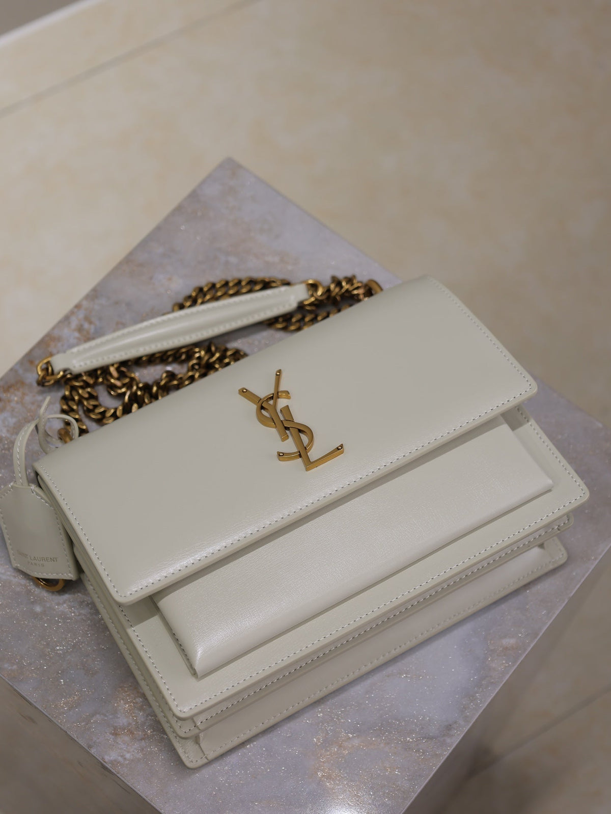 SAINT LAURENT YSL 25S SUNSET BAG 22 IN IVORY CALFSKIN GOLD HARDWRE