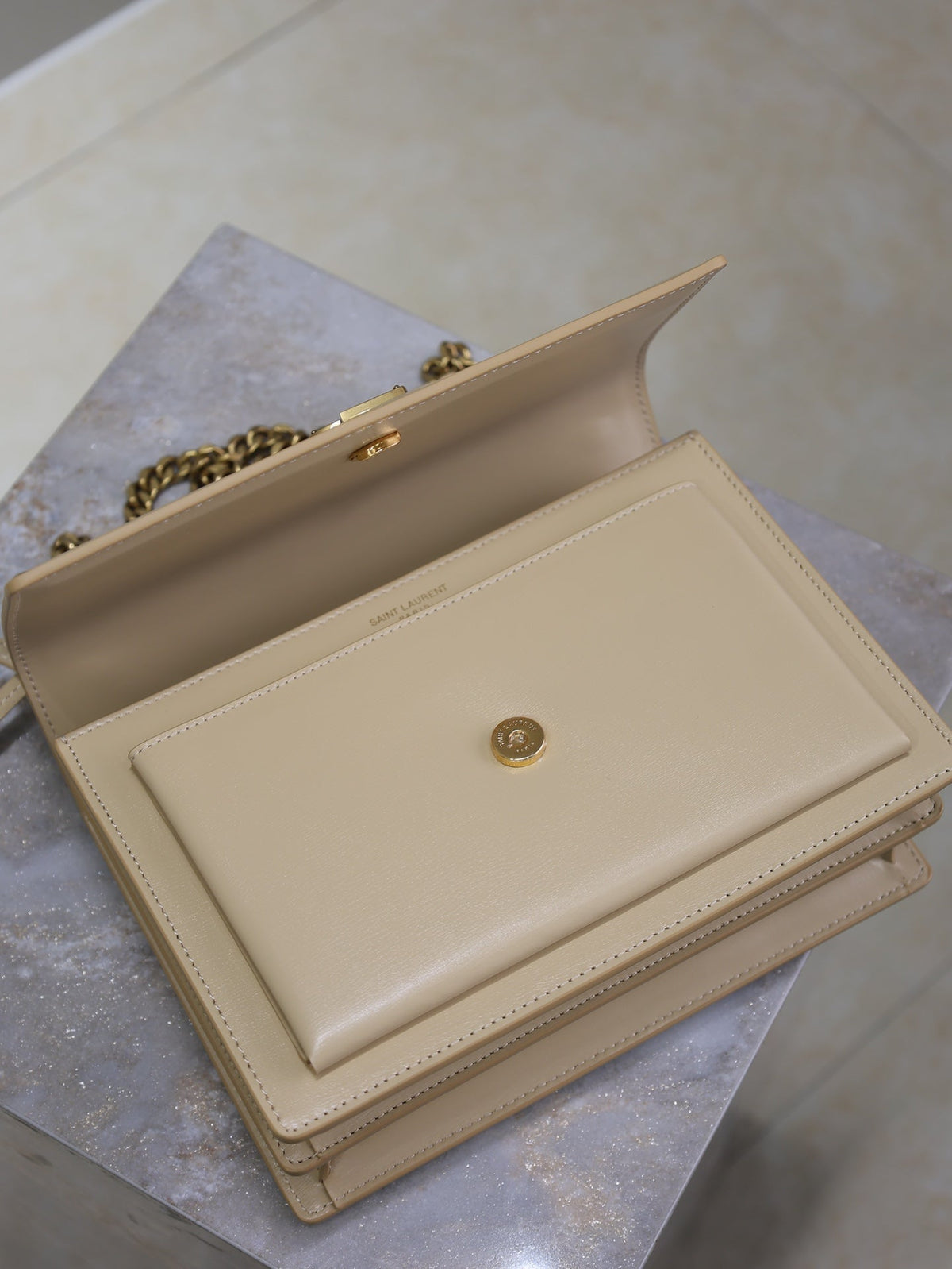 SAINT LAURENT YSL 25S SUNSET BAG 22 IN NUDE CALFSKIN GOLD HARDWRE