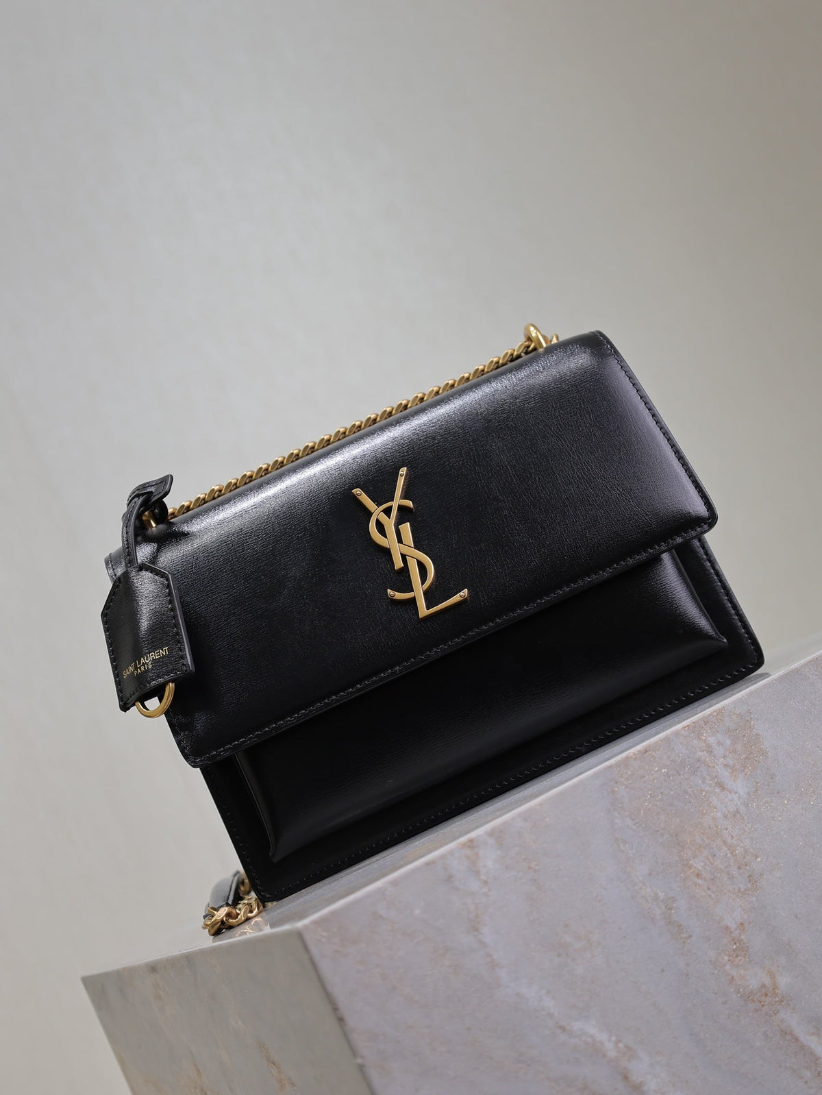 SAINT LAURENT YSL 25S SUNSET BAG 22 IN BLACK CALFSKIN GOLD HARDWARE