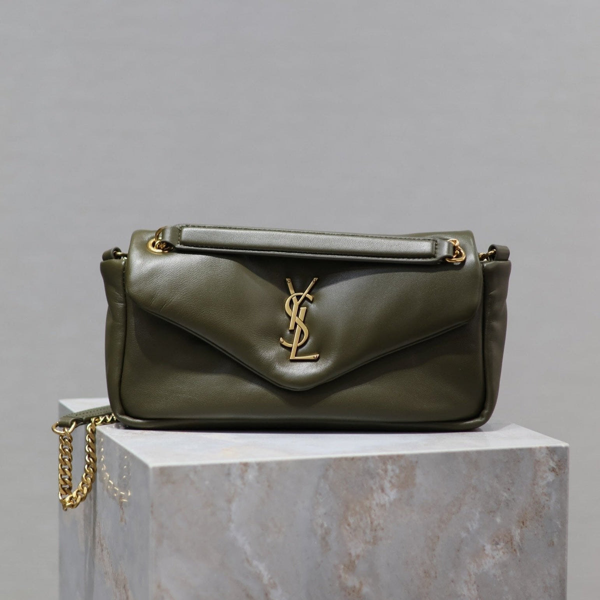 SAINT LAURENT CALYPSO CHAIN BAG 26 IN ARMY GREEN SMOOTH LAMBSKIN