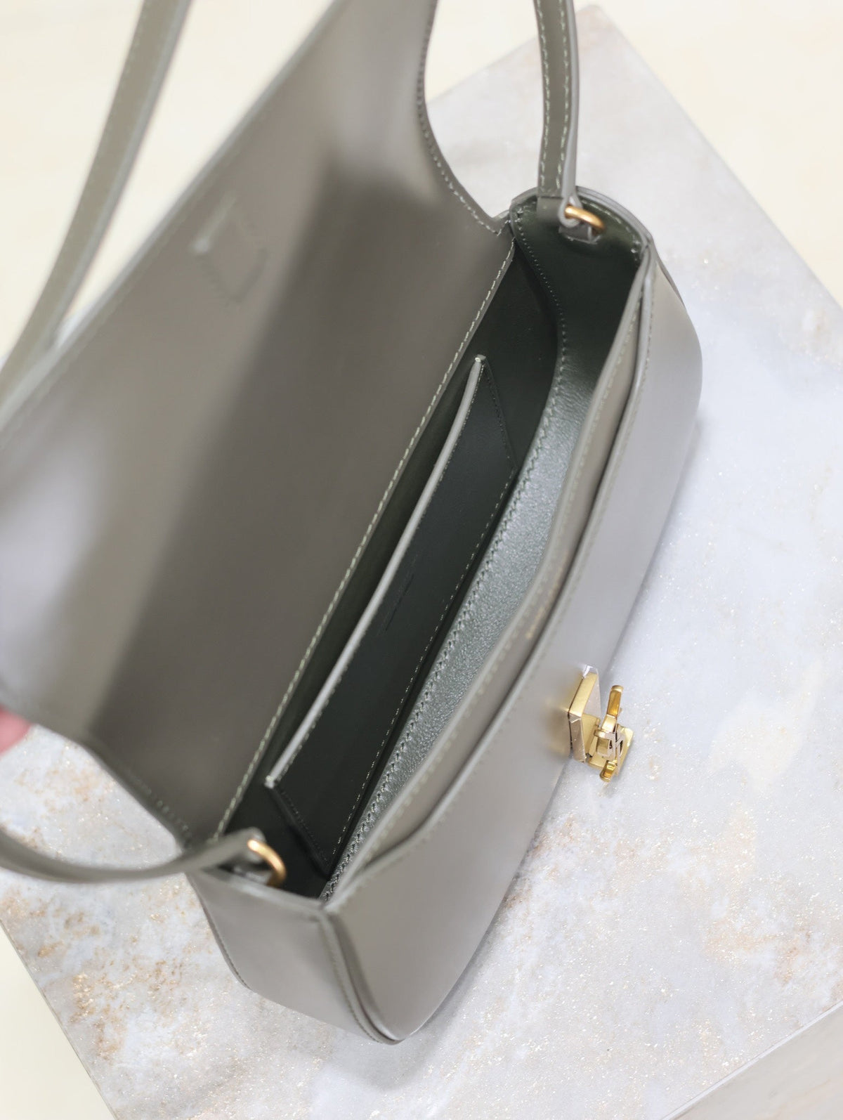 SAINT LAURENT MINI VOLTAIRE IN BOX 17 IN KOMBU GREEN CALFSKIN GOLD LOGO