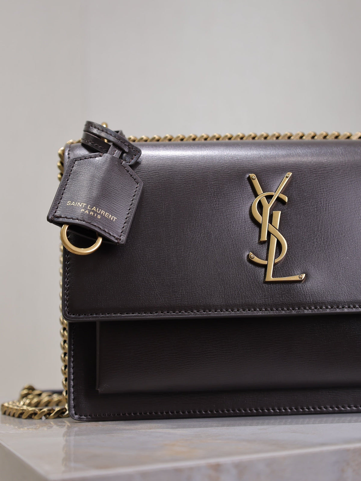 SAINT LAURENT YSL 25S SUNSET BAG 22 IN DARK PURPLE CALFSKIN GOLD HARDWARE