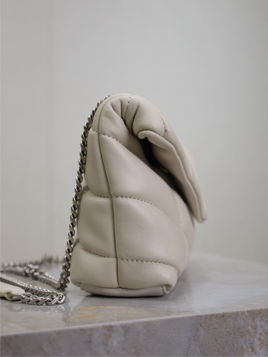 SAINT LAURENT YSL 25S LOULOU PUFFER MINI 23 IN SMOKEY TAUPE CALFSKIN SILVER HARDWRE