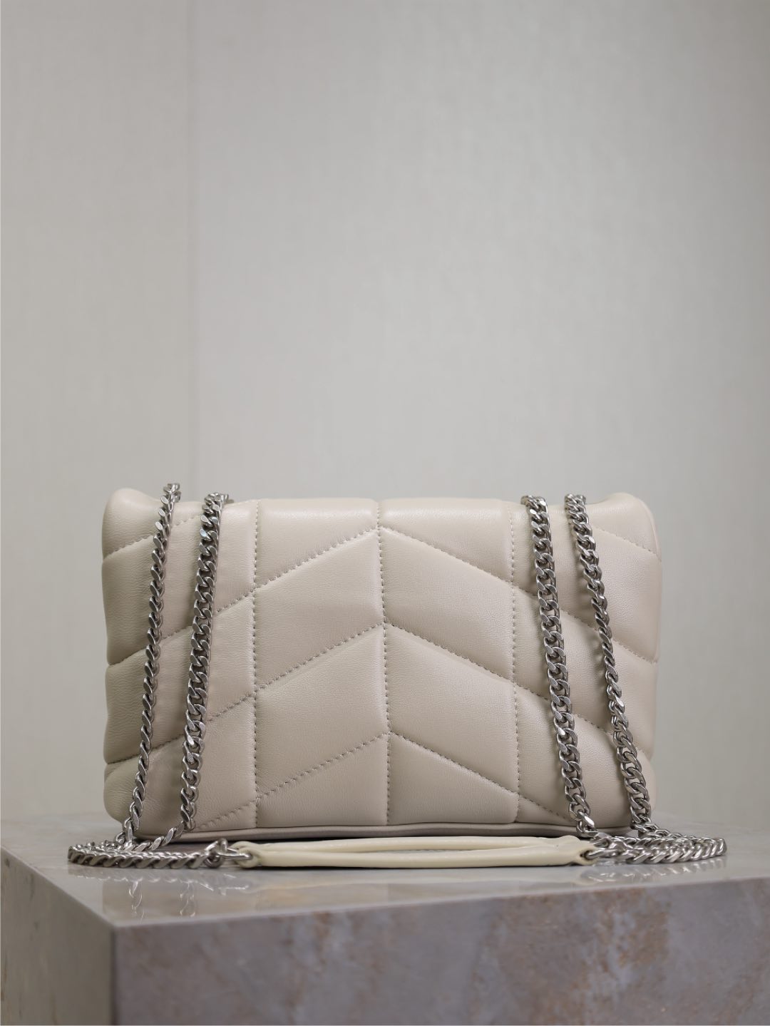 SAINT LAURENT YSL 25S LOULOU PUFFER MINI 23 IN SMOKEY TAUPE CALFSKIN SILVER HARDWRE