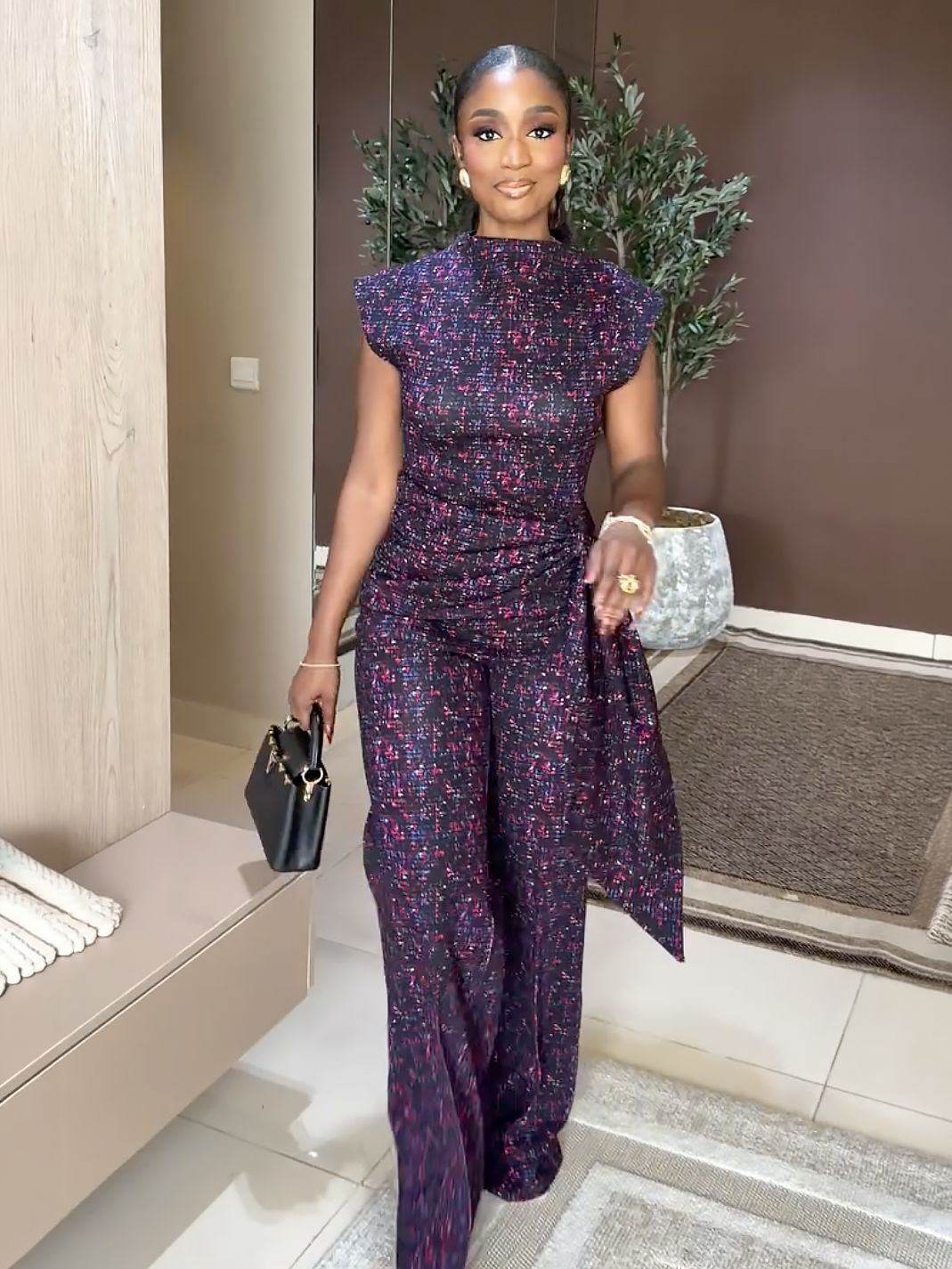 Purple Mosaic Print Wrap Waist Pants Set