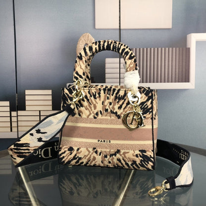 DIOR MEDIUM D-LITE 24 BEIGE MILTI COLOR MIZZA EMBROIDERY