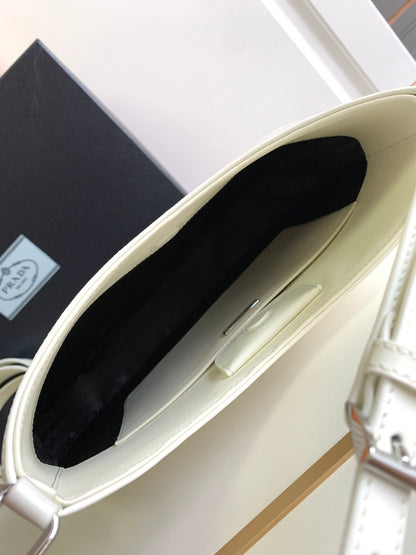 PRADA CLEO 30 WHITE BRUSHED LEATHER SHOULDER BAG