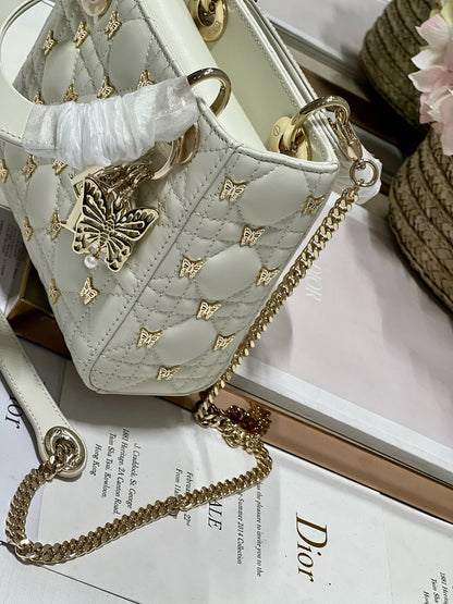 DIOR MINI LADY 17 BUTTERFLY STUD WHITE LAMBSKIN