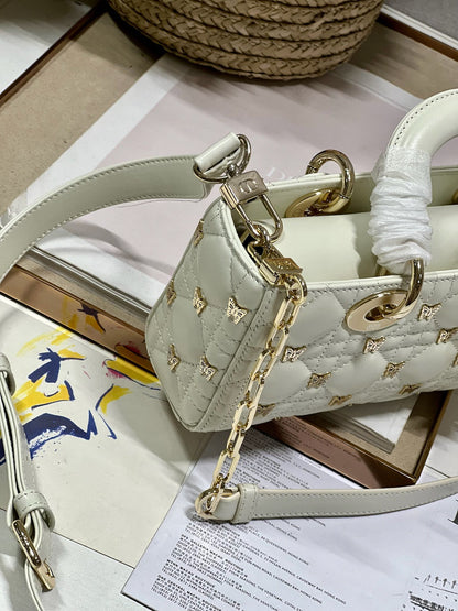 DIOR SMALL LADY D-JOY 22 BUTTERFLY STUD WHITE LAMBSKIN