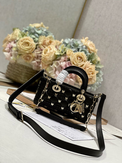 DIOR SMALL LADY D-JOY 22 BUTTERFLY STUD BLACK LAMBSKIN