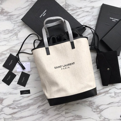 SAINT LAURENT TEDDY 33 HANDBAG WHITE BLACK LINEN FABRIC