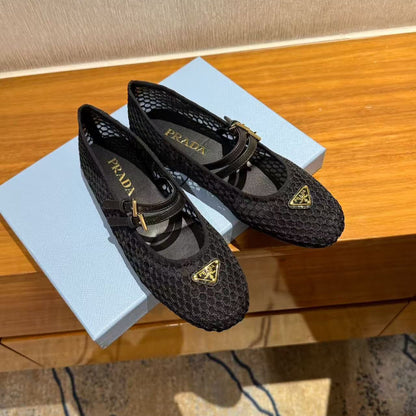 PRADA BALLERINAS BALLET FLATS IN BLACK MESH FABRIC