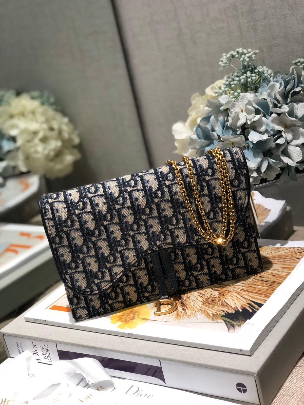 DIOR CD Saddle Pouch With Chain Blue Obique Embroidery