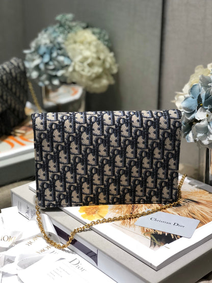 DIOR CD Saddle Pouch With Chain Blue Obique Embroidery