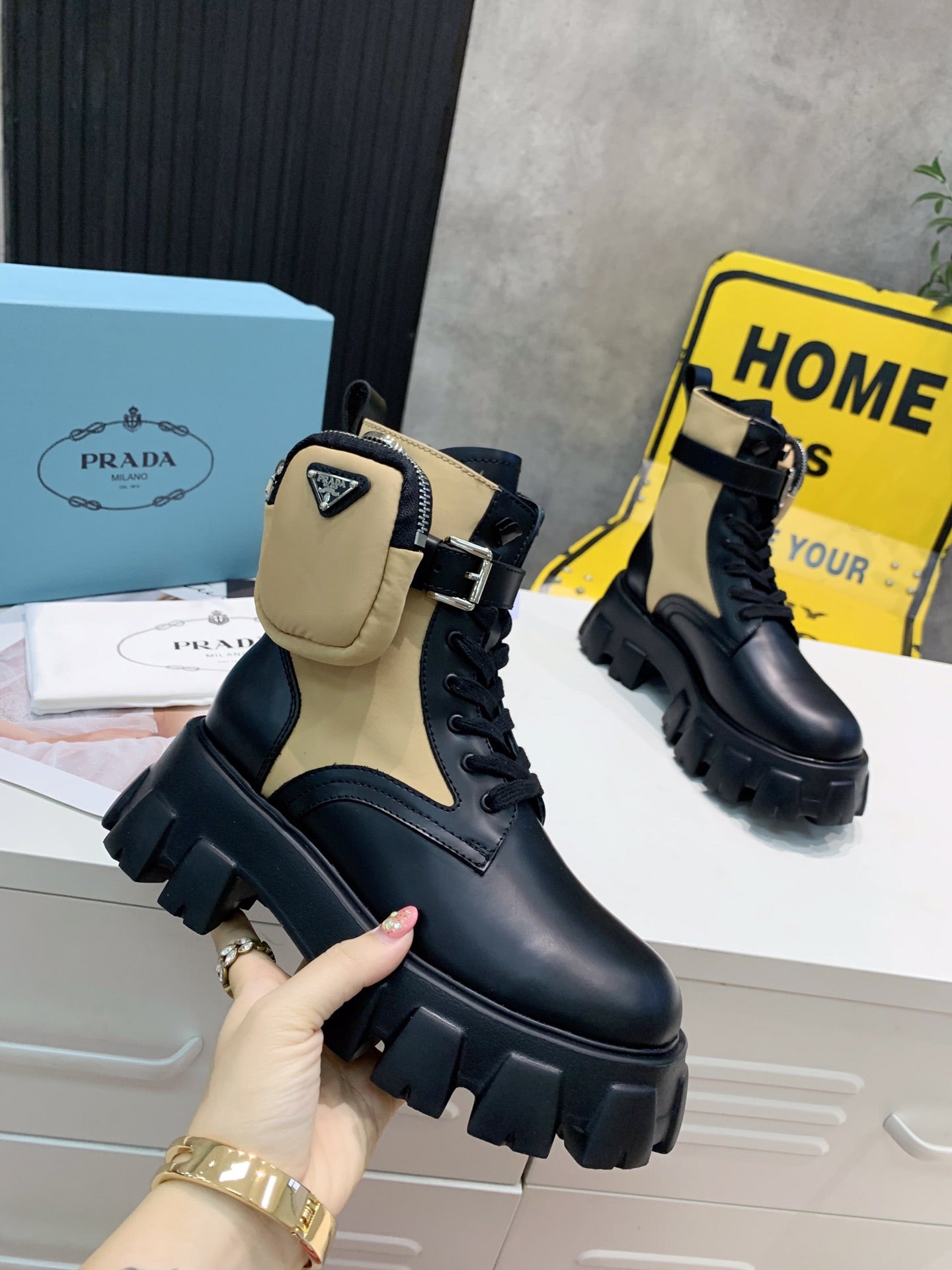 PRADA 25S MONOLITH BRUSHED AND RE NYLON BOOTS WITH POUCH BLACK AND MUTED OLIVE