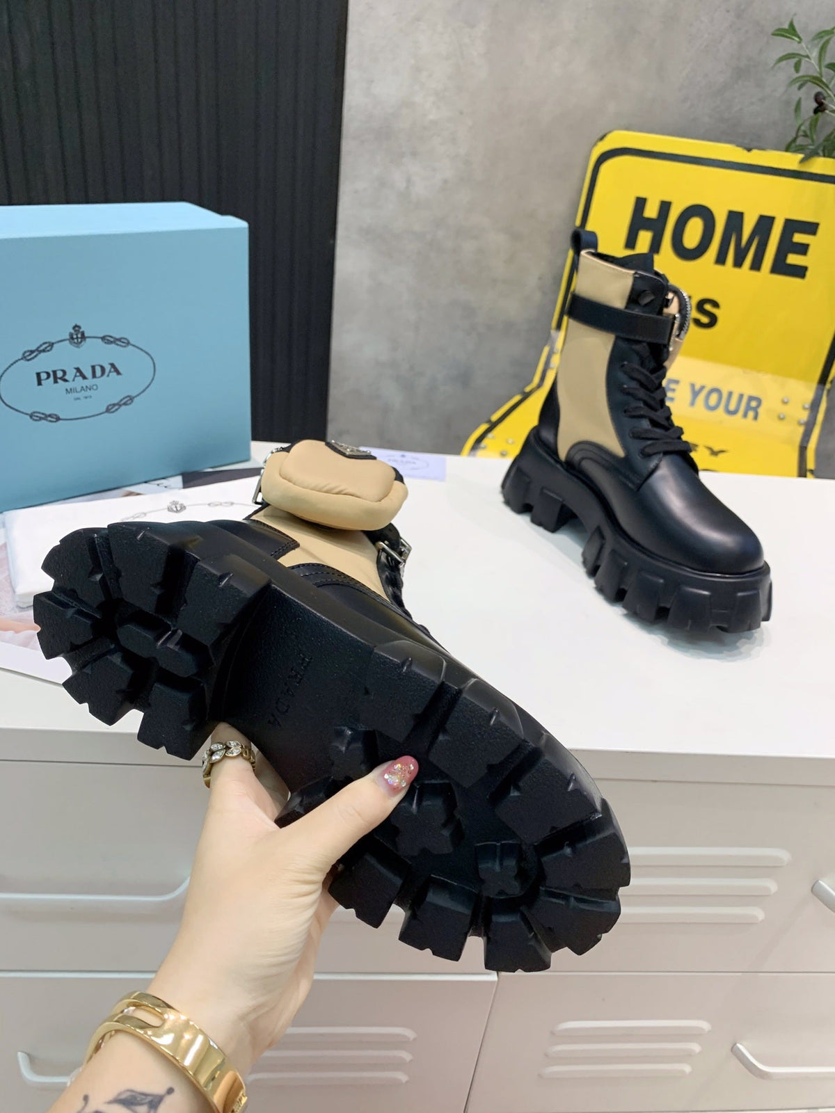 PRADA 25S MONOLITH BRUSHED AND RE NYLON BOOTS WITH POUCH BLACK AND MUTED OLIVE
