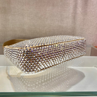 PRADA SPARKLING HOBO BAG 23 IN BEIGE NYLON ATTACHED FULLY CRYSTALS