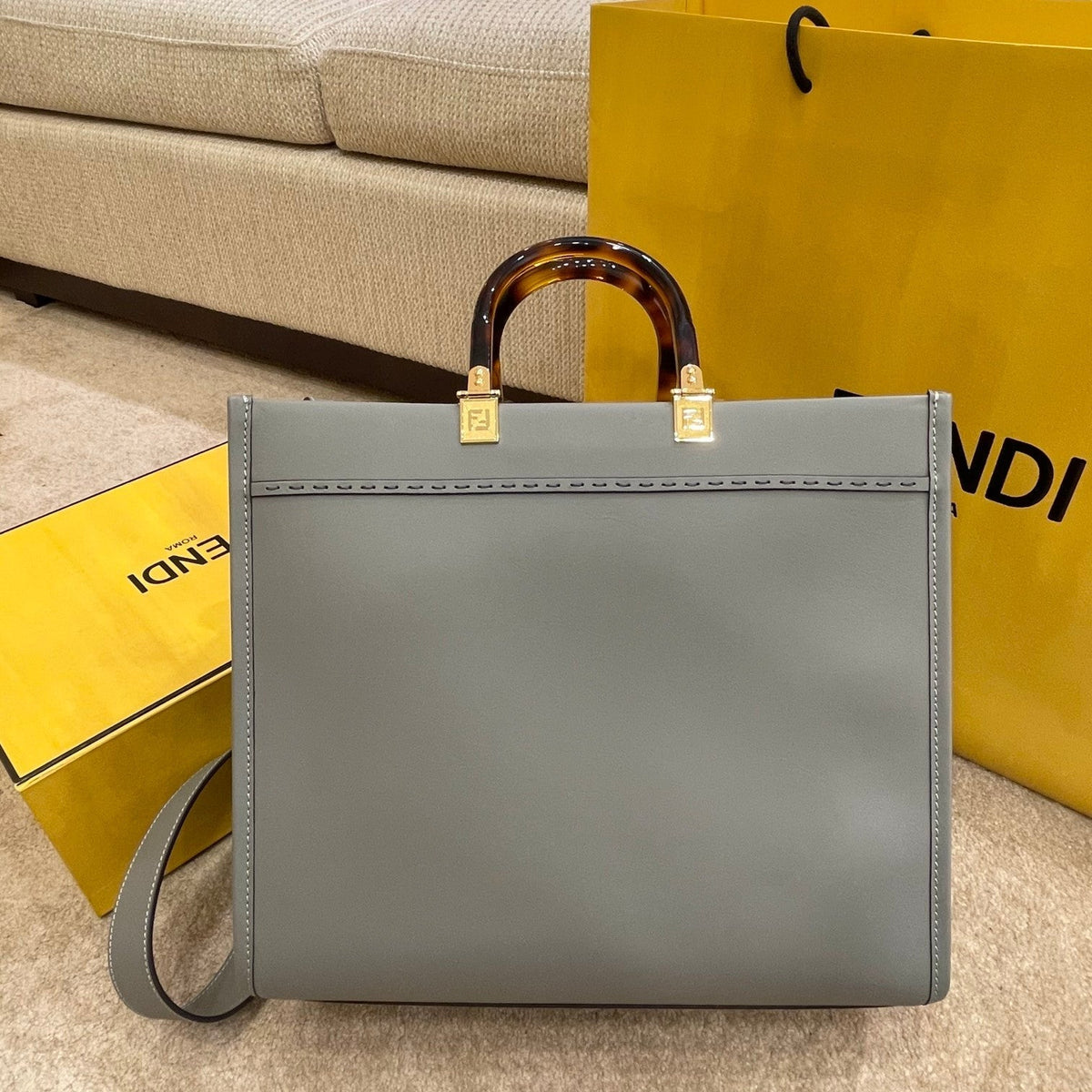FENDI SHINE LARGE 35 TOTE IN SHADOW GREY CALFSKIN