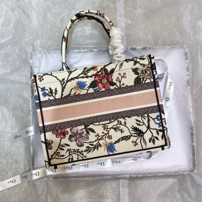DIOR MEDIUM BOOK TOTE BAG 36 IN BEIGE COTTON WITH MULTICOLOR EMBROIDERY