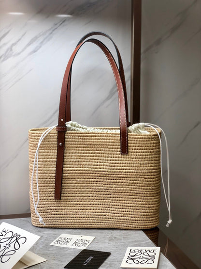 LOEWE LOE SQUARE BASKET BAG 28 IN NATURAL RAFFIA AND CHOCOLATE BROWN CALFSKIN