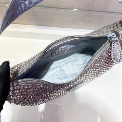 PRADA SPARKLING HOBO BAG 23 IN SILVER NYLON ATTACHED FULLY CRYSTALS
