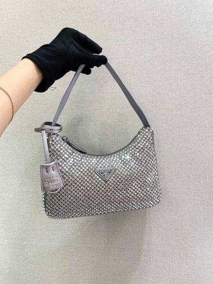 PRADA SPARKLING HOBO BAG 23 IN SILVER NYLON ATTACHED FULLY CRYSTALS