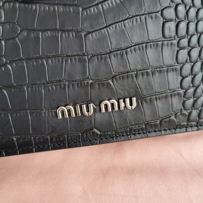 MIU MIU LADY 20 HANDBAG IN CROCODILE PATTERN BLACK CALFSKIN