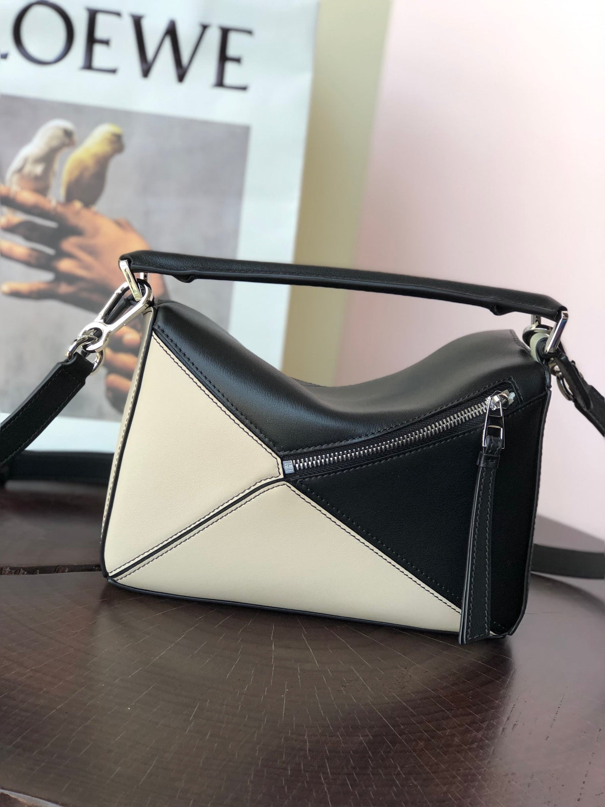 LOEWE LOE MINI PUZZLE 18 BAG IN BLACK MIX WHITE CALFSKIN