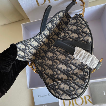 DIOR CD Saddle Bag Strap With Strap 19cm Blue Obique Embroidery
